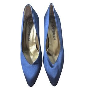 Yves Saint Laurent Vintage Navy Blue Satin Pointed Toe Pumps Stiletto Heels 7N